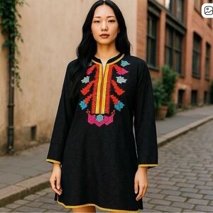 Artizara Afnan Tunic Dress XS Black Embroidered Modest Boho Long Sleeve